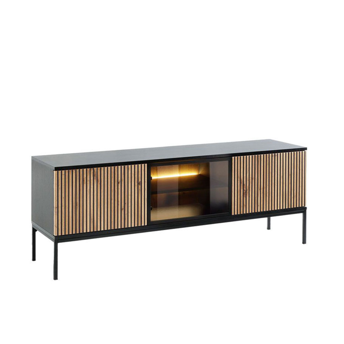 MYSTERY TV STAND 3DOORS MELAMINE NATURAL DARK BLACK METAL 154x39x56 E1 PRC