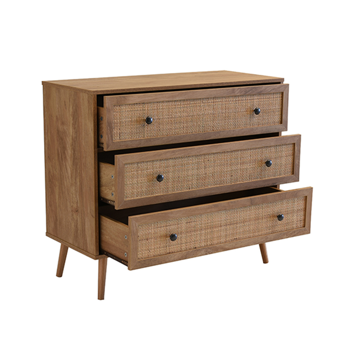 AMMOS COMMODE 3DRAWERS CHIPBOARD WITH MELAMINE CARTA NATURAL WITH RATTAN E1 PRC