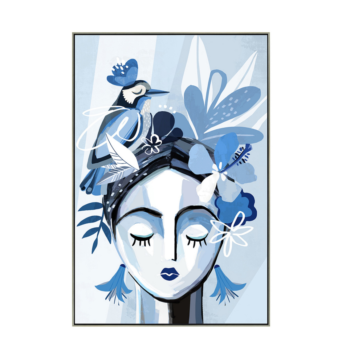 AMARI PAINTING CANVAS WHITE BLUE WOOD FRAME SILVER