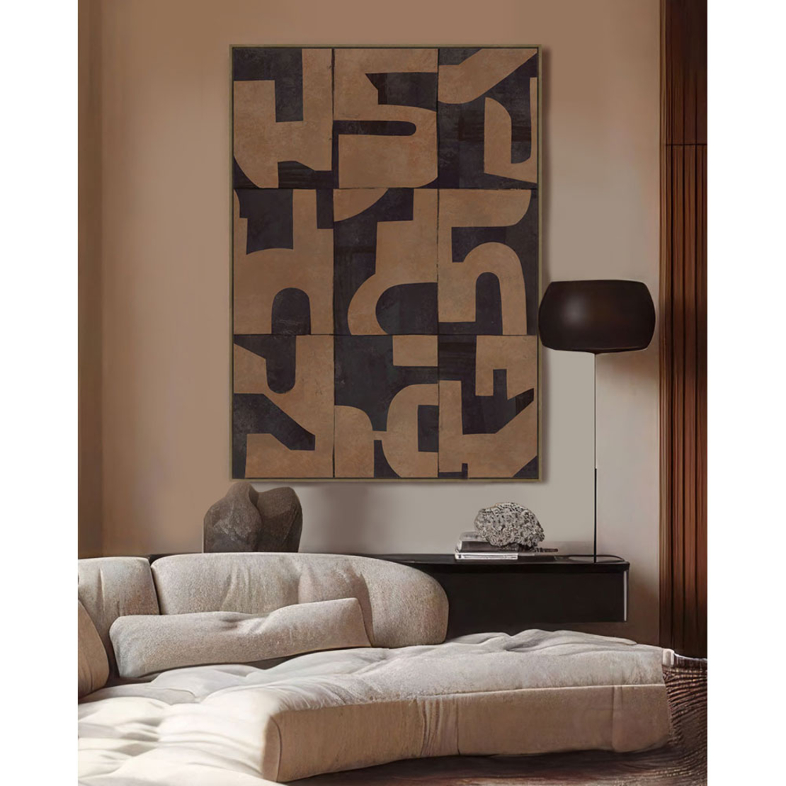 ABSTRACT SHAPE PAINTING DECORATIVE WITH FRAME 80x120x4 CANVAS BROWN PP
