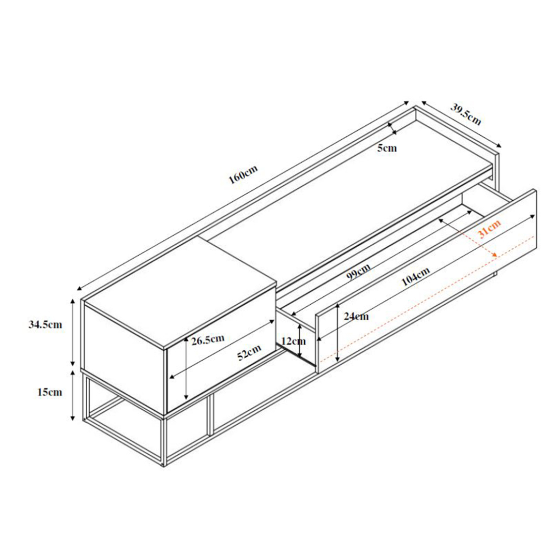 HILTON TV STAND CHIPBOARD WITH MELAMINE CARTA SONOMA DECAPE METAL BLACK 160x39,5xH45cm E1 PRC