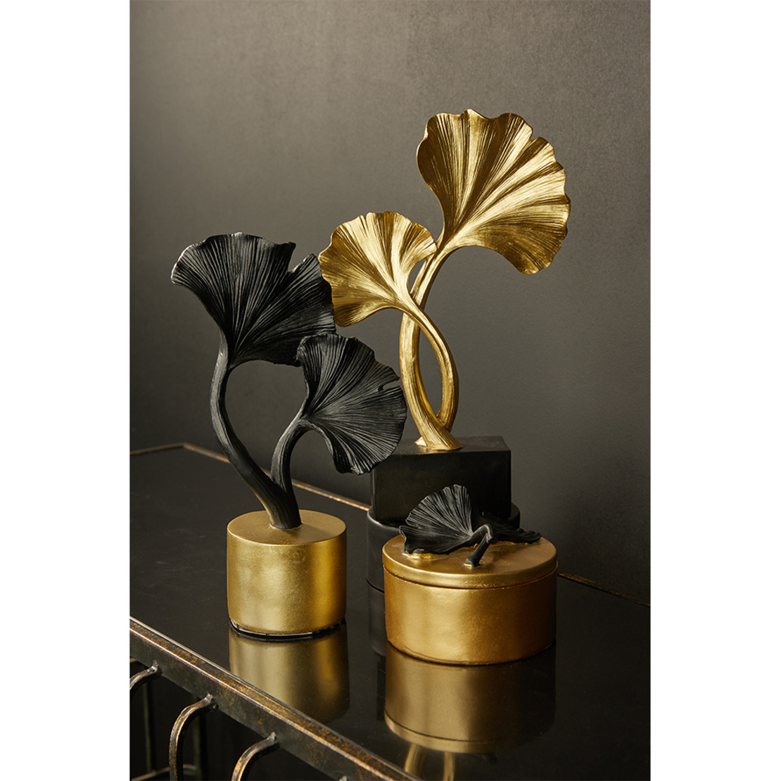 LEAF BLACK BOX STORAGE POLYRESIN GOLD BLACK D11xH9