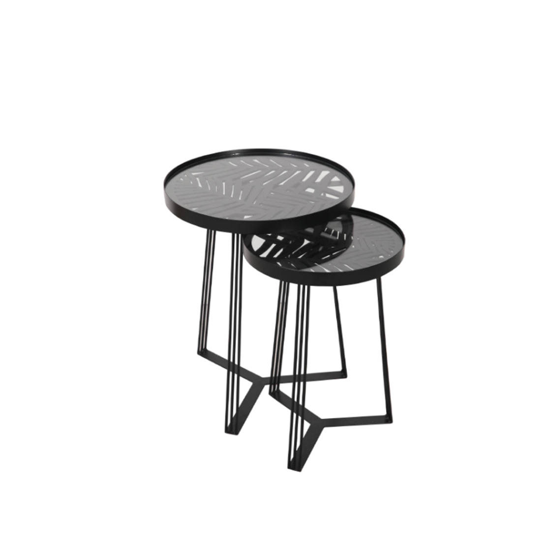 JUNGLE SIDE TABLE SET 2PCS METAL BLACK WITH PATTERN BLACK GLASS 40x40xH50cm E1 PRC