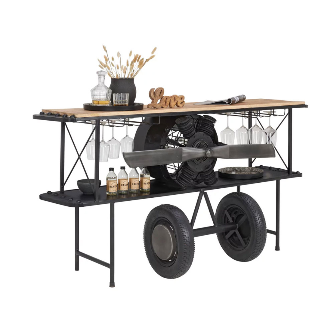 AVIATION CONSOLE BAR METAL NATURAL WOOD MANGO BLACK 191x58xH91cm IN