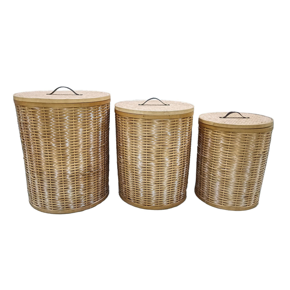 ITHAKI BASKET WITH LID SET 3PCS 51x51x61 FIR WOOD WHITE WASHED NATURAL LEATHER