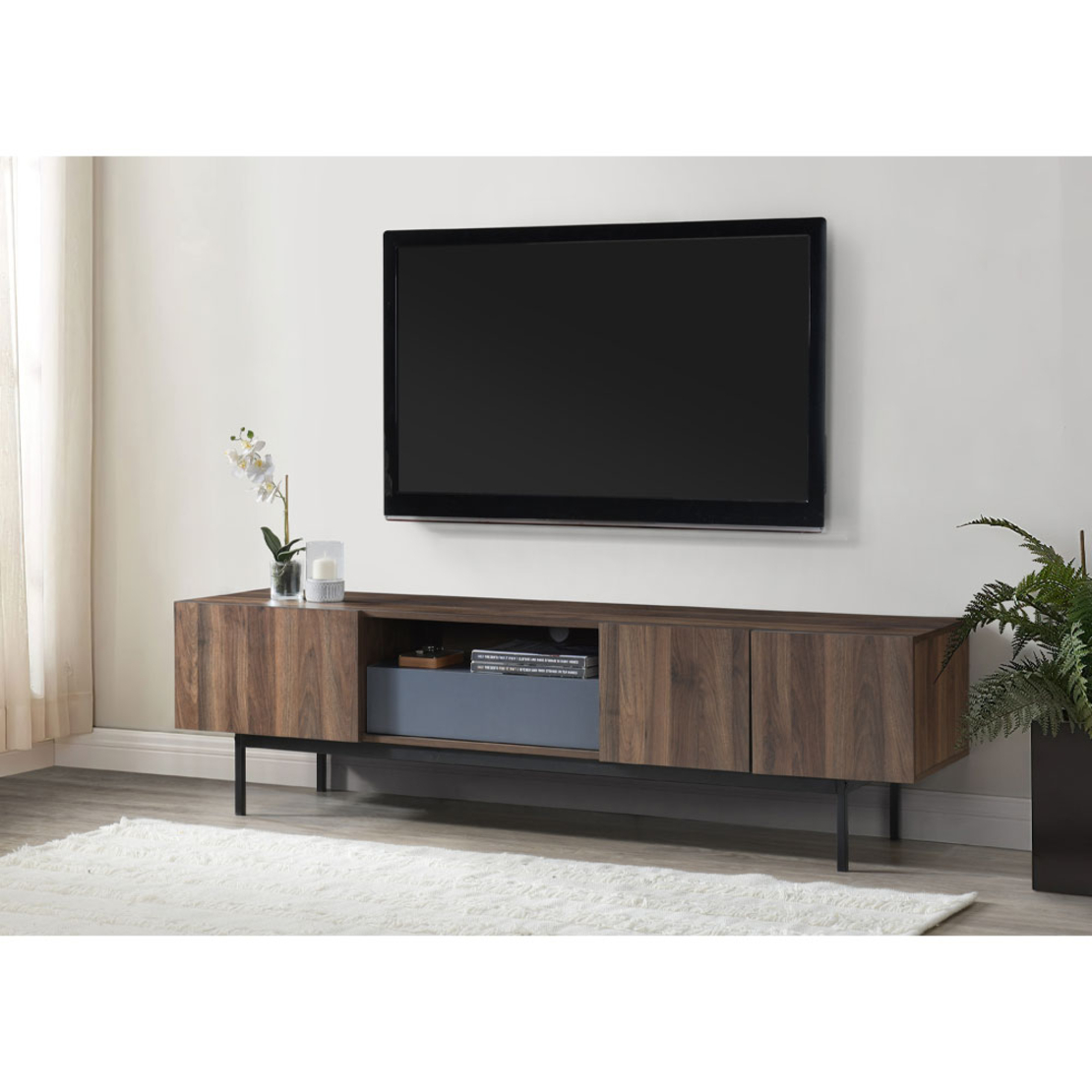 GROOVES TV STAND 3DOORS 1DRAWER CHIPBOARD WITH MELAMINE CARTA WALNUT GREY METAL 180x40xH50cm MY