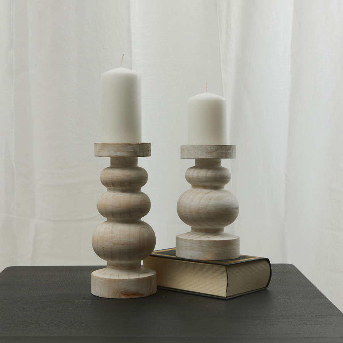 PIERRE CANDLE HOLDER WOOD WHITE NATURAL D12xH20cm