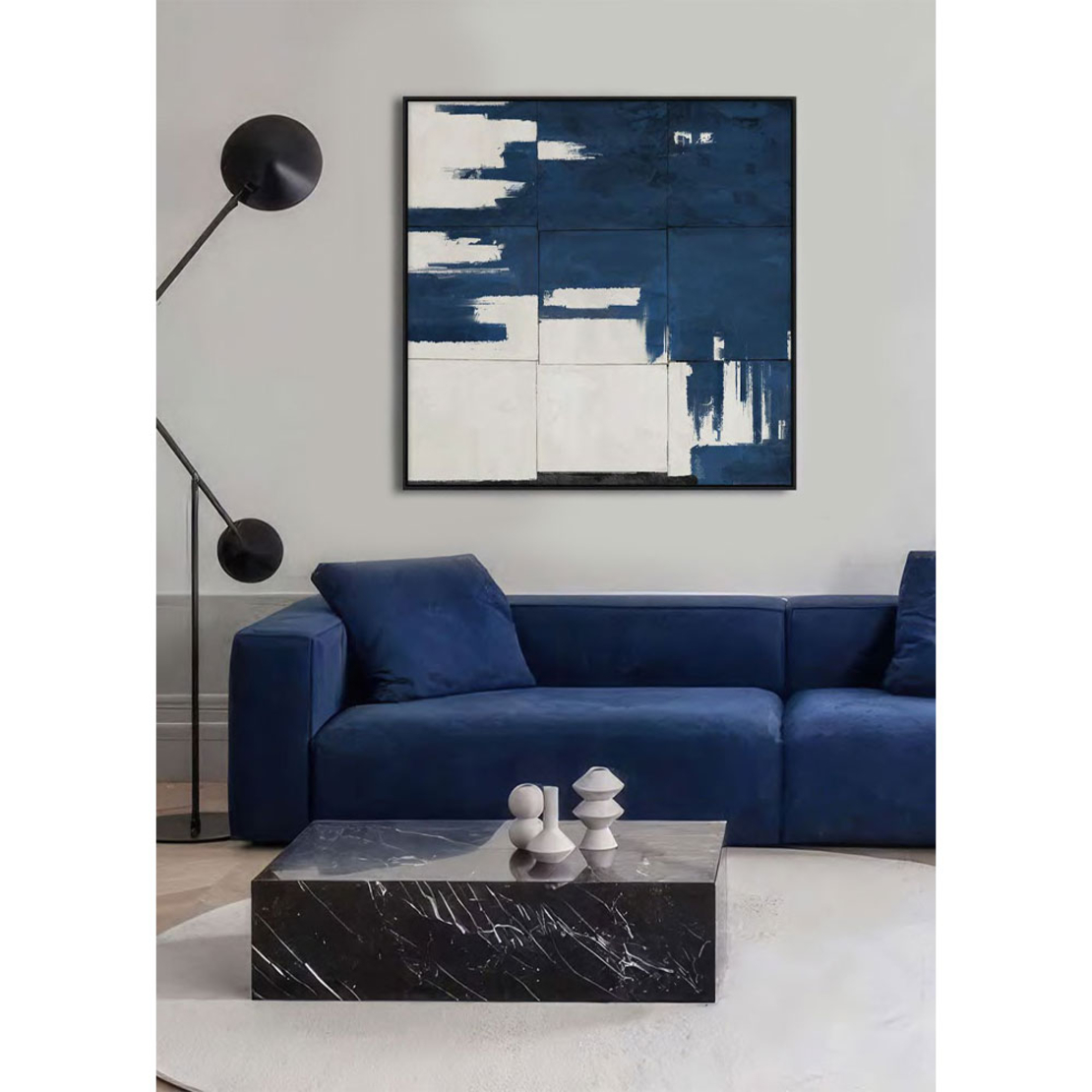 GEOMETRY OF TIME PAINTING DECORATIVE WITH FRAME 80x80x4 CANVAS BLUE WHITE PP