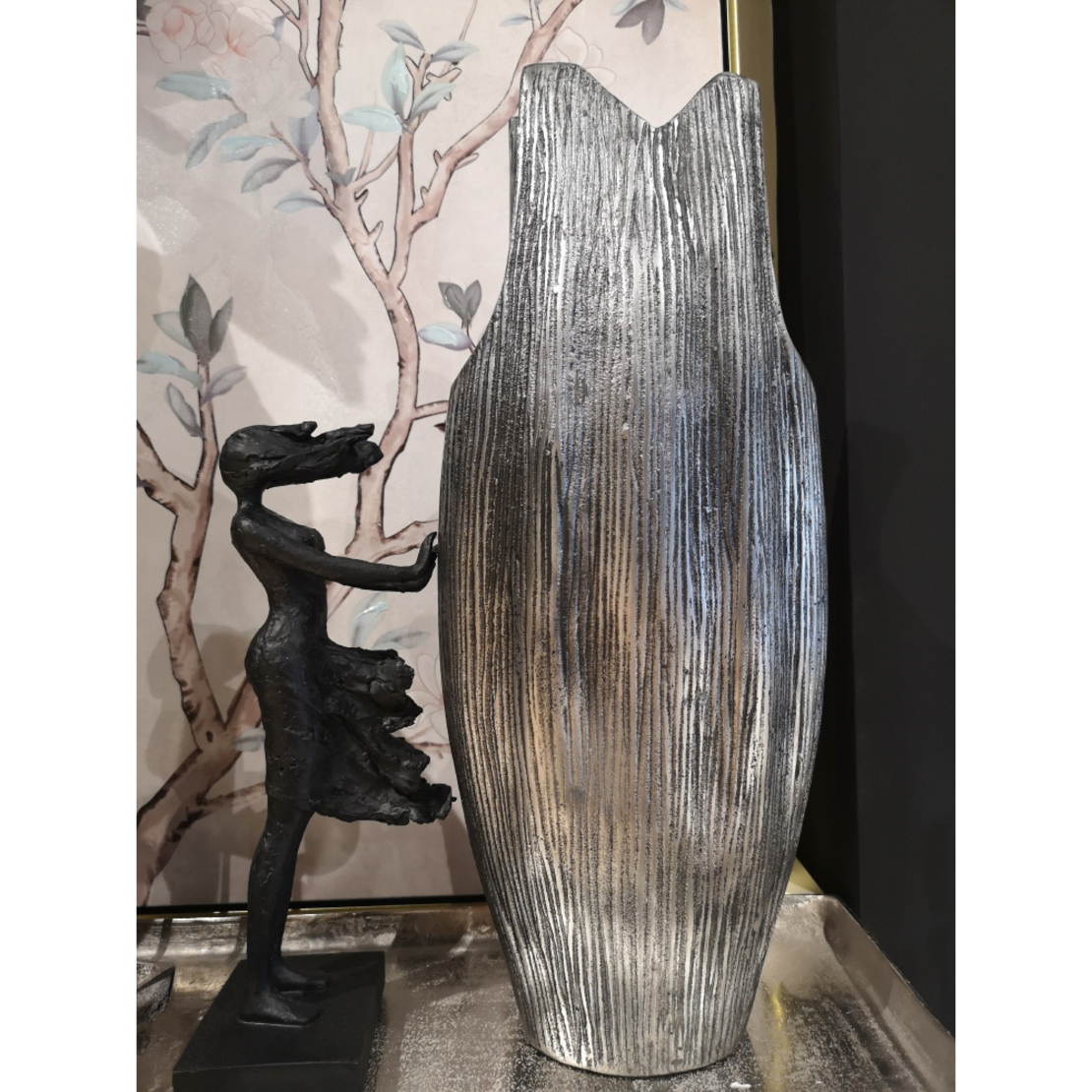 BAJAN VASE ALUMINIUM SILVER ANTIQUE 19,5x14xH46cm