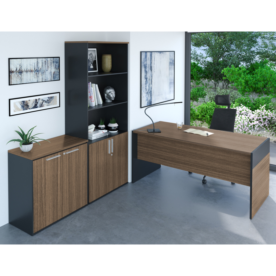 ANGLE DESK MELAMINE WALNUT BLACK 160x75xH75cm E1 PRC