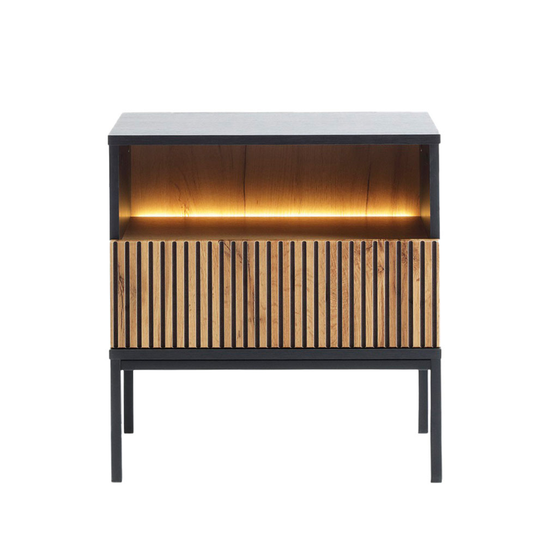 MYSTERY NIGHTSTAND 1DRAWER 1SHELF MELAMINE NATURAL DARK METAL BLACK E1 PRC