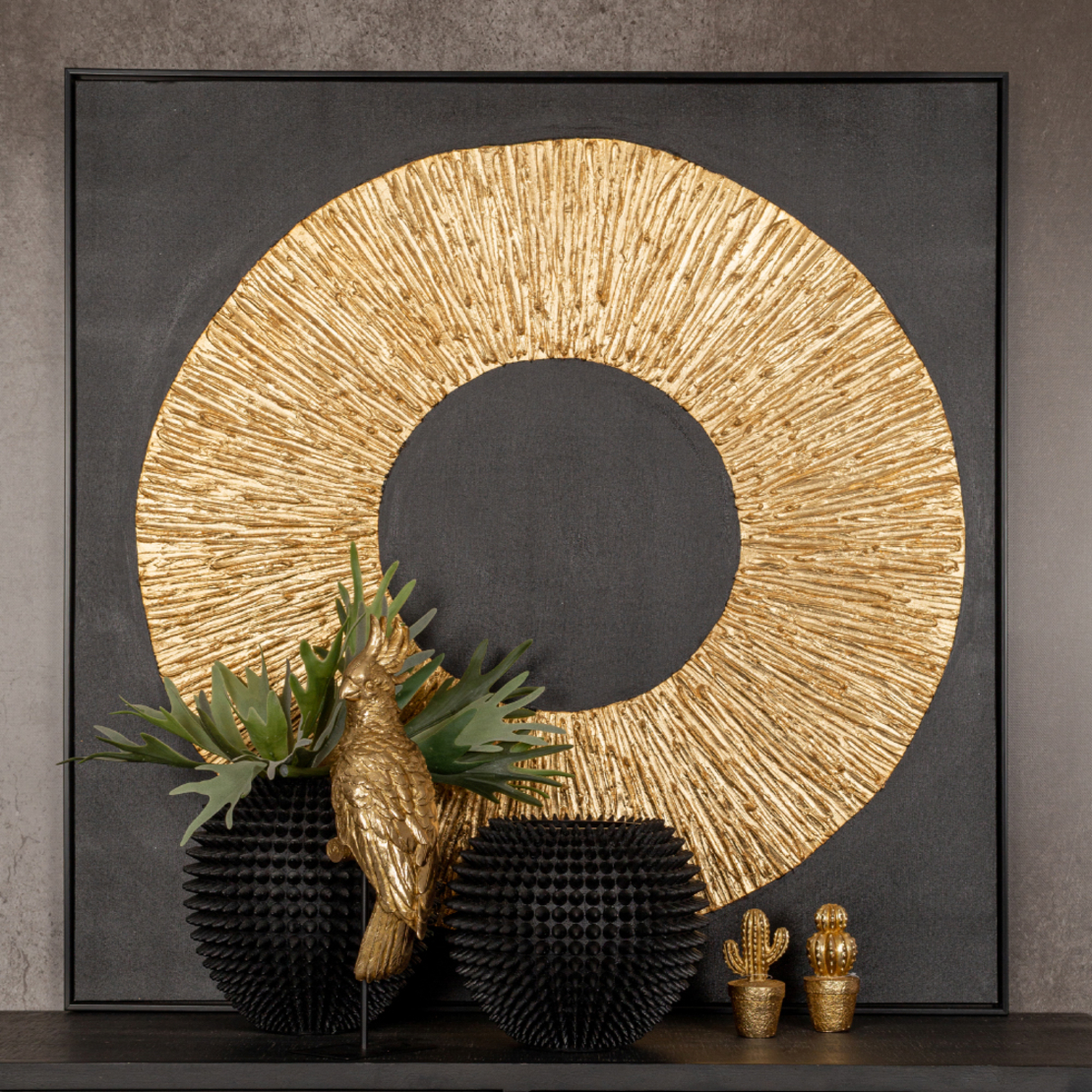 CICLE PAINTING CANVAS BLACK GOLD WOOD 100x100xH4,5