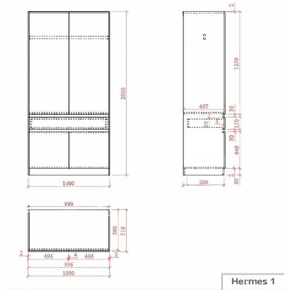 HERMES WARDROBE 2DOORS 1DRAWER MELAMINE ARTISAN OAK 100x52xH200cm E1 EU