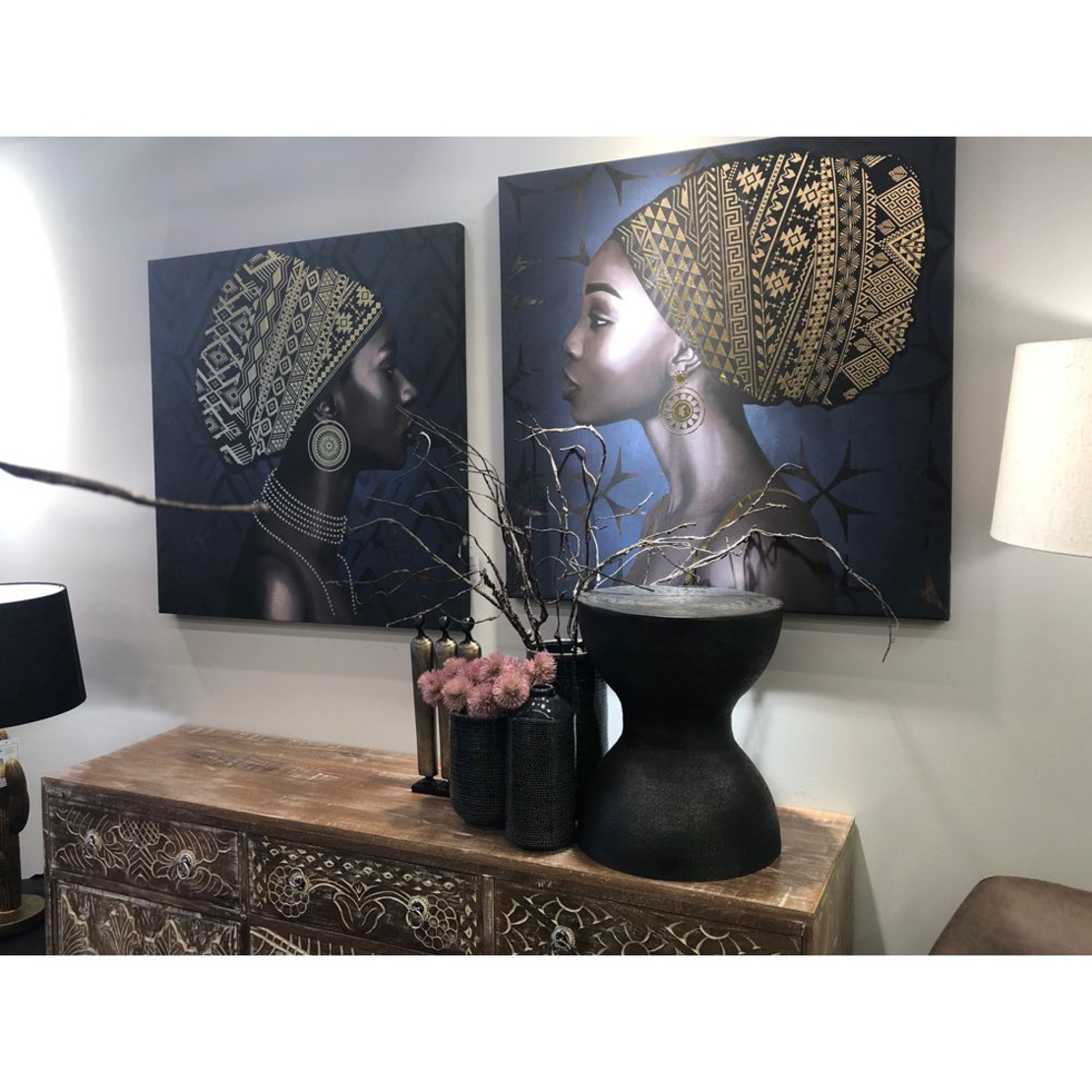 AFRICAN LADY PAINTING CANVAS BLUE GOLD WOOD 80x80x