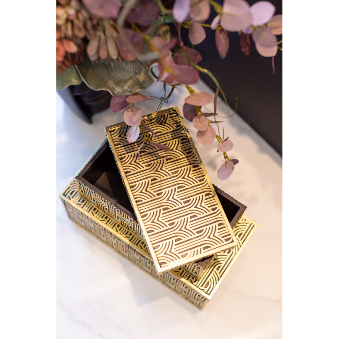 PRECIOUS BOX WITH LID POLYRESIN GOLD BLACK 29,5x14