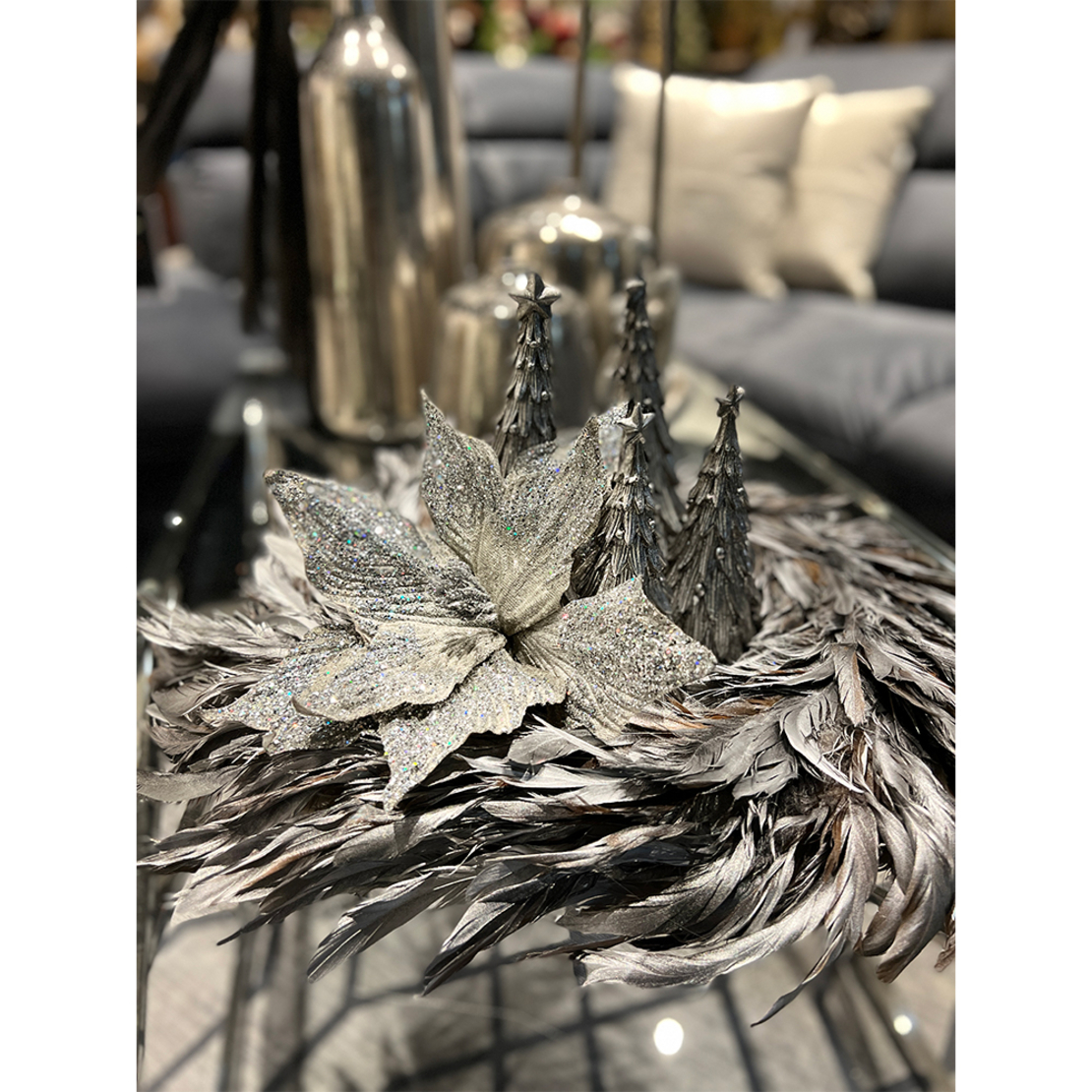 XMAS SPARK FLOWER POLYESTER SILVER D30cm PRC