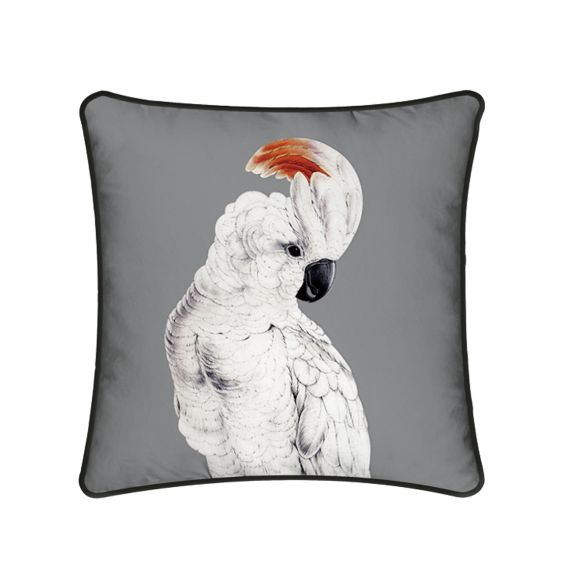 COCKATOO DECOR CUSHION VELVET GREY WHITE BLACK 45x