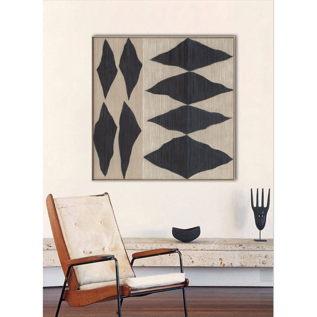 SHAYE PAINTING DECORATIVE 100x100x5 CANVAS BEIGE BLUE WOOD NATURAL