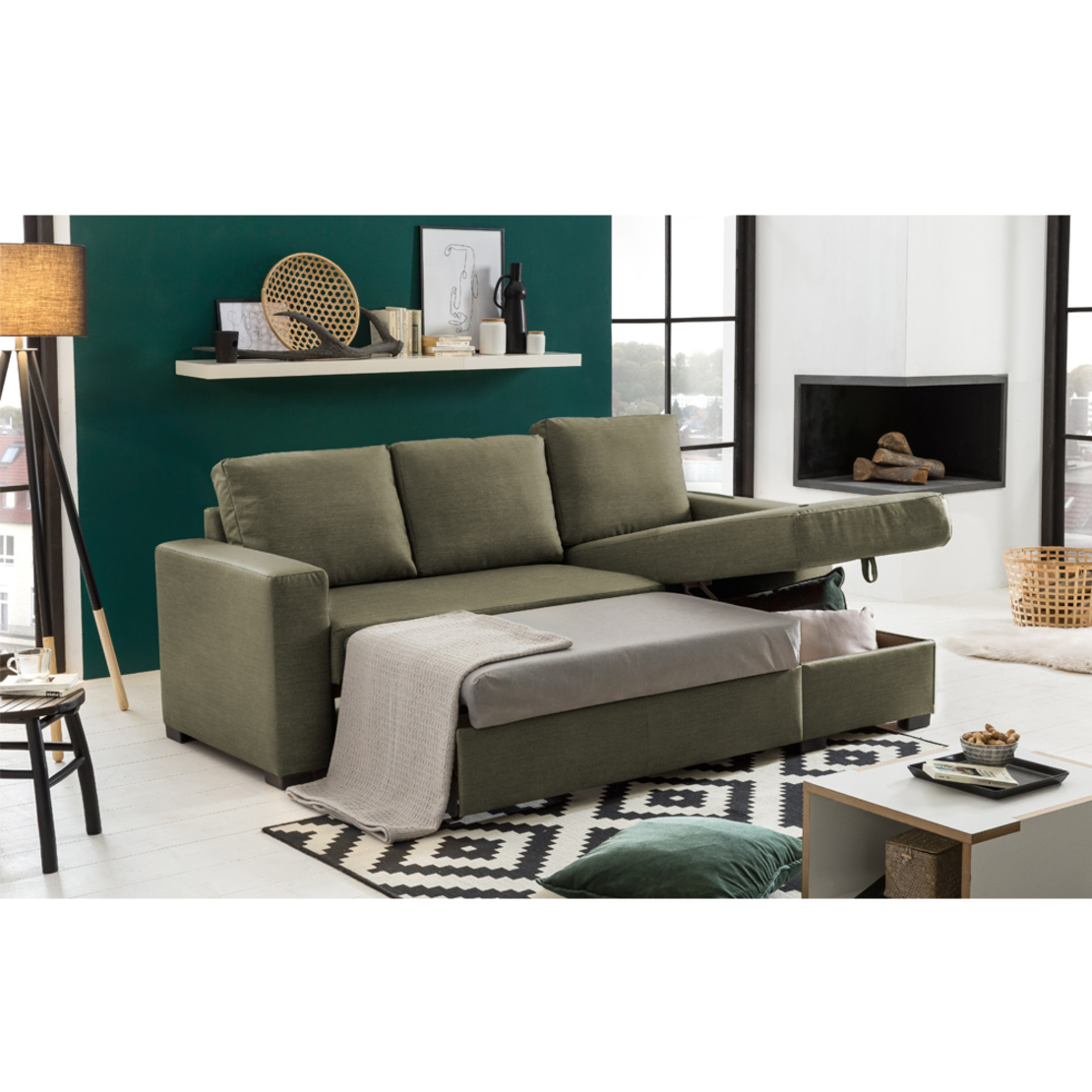 ALDO CRISTIANO SOFA BED REVERSABLE CORNER EASY CLEAN FABRIC OLIVE GREEN R454 E1 EU