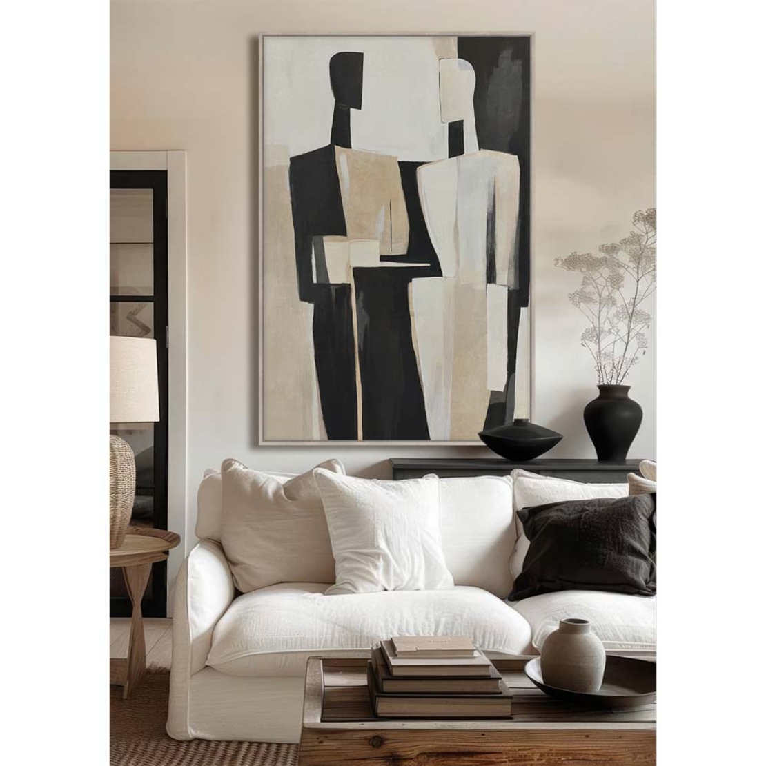 FADING FACES PAINTING DECORATIVE WITH FRAME 80x120x4 CANVAS BEIGE BLACK PP