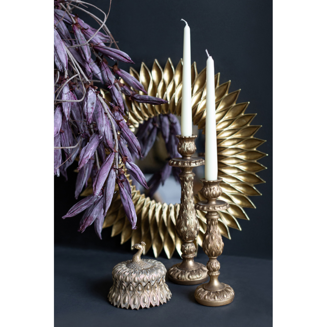 PEACOCK CANDLE HOLDER POLYRESIN GOLD ANTIQUE 10x10
