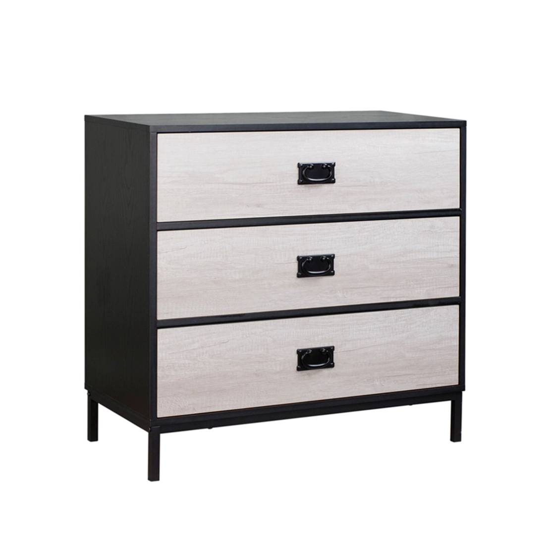 FACTORY COMMODE 3DRAWERS CHIPBOARD WITH MELAMINE CARTA BLACK OAK METAL SONOMA DECAPE E1 PRC