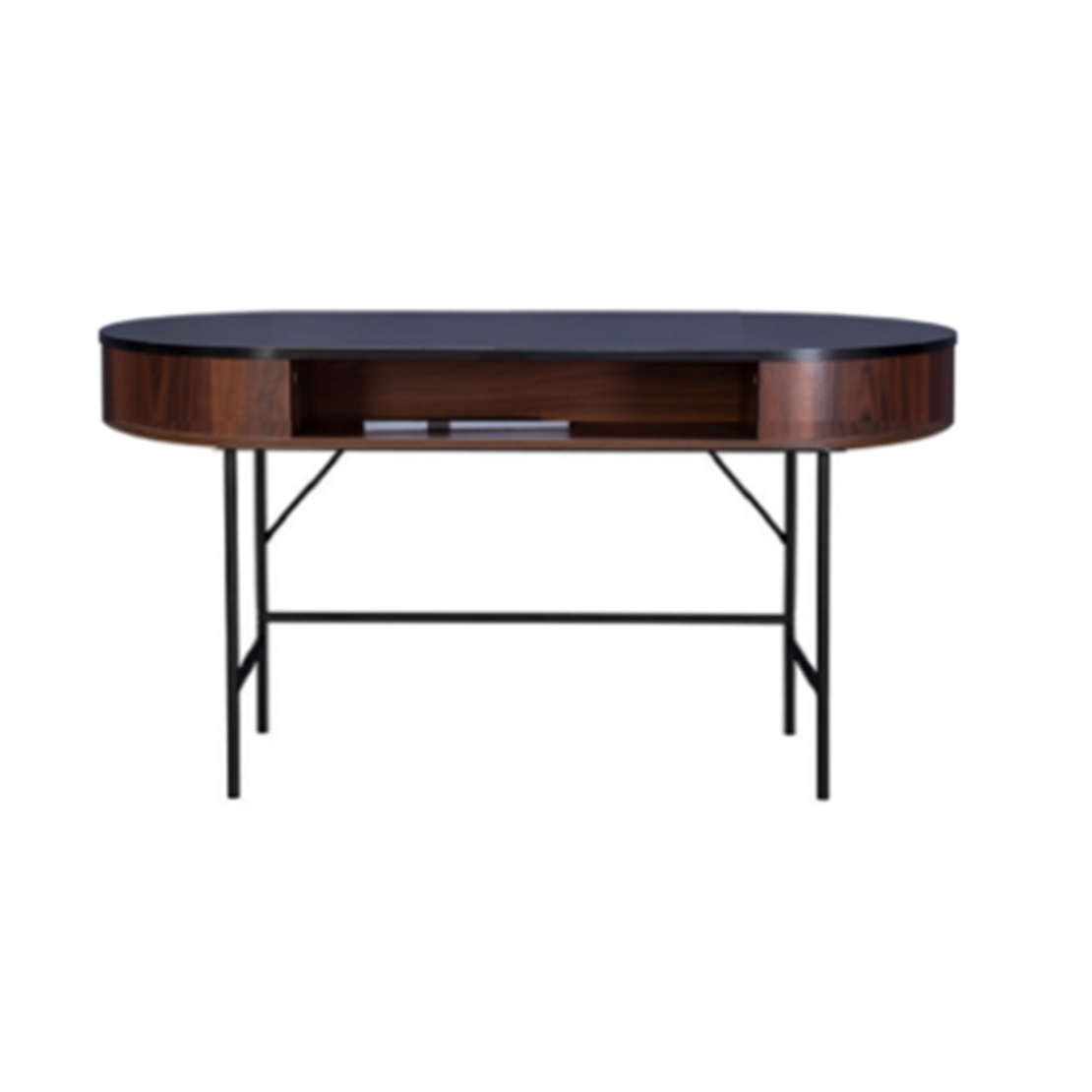 OVAL CONSOLE 1SHELF CHIPBOARD WITH MELAMINE CARTA WALNUT ALUMINIUM BLACK 104,5x50xH75,5cm E1 PRC
