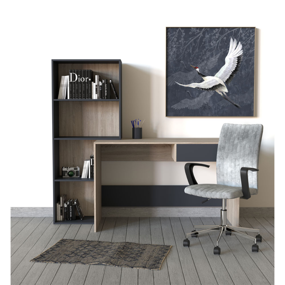 CRANE 2 PAINTING CANVAS PETROL WHITE WOOD BLACK 82