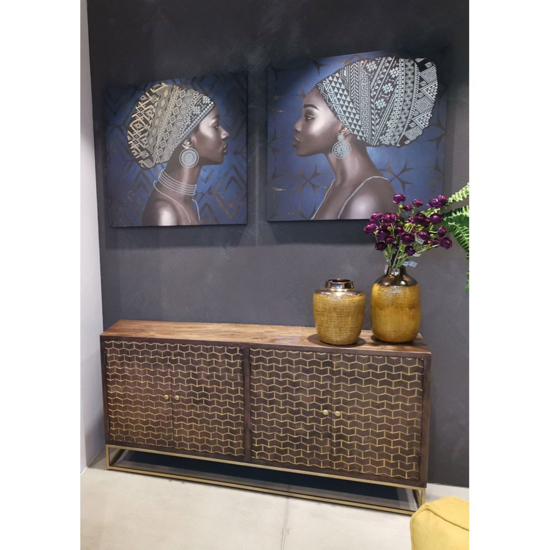 AFRICAN LADY PAINTING CANVAS BLUE GOLD WOOD 80x80x