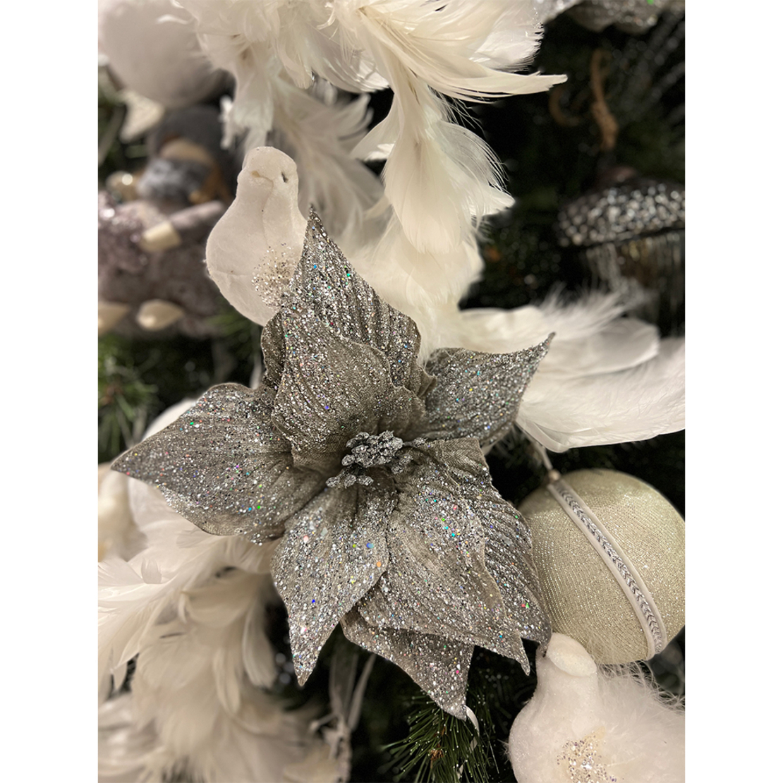 XMAS SPARK FLOWER POLYESTER SILVER D30cm PRC