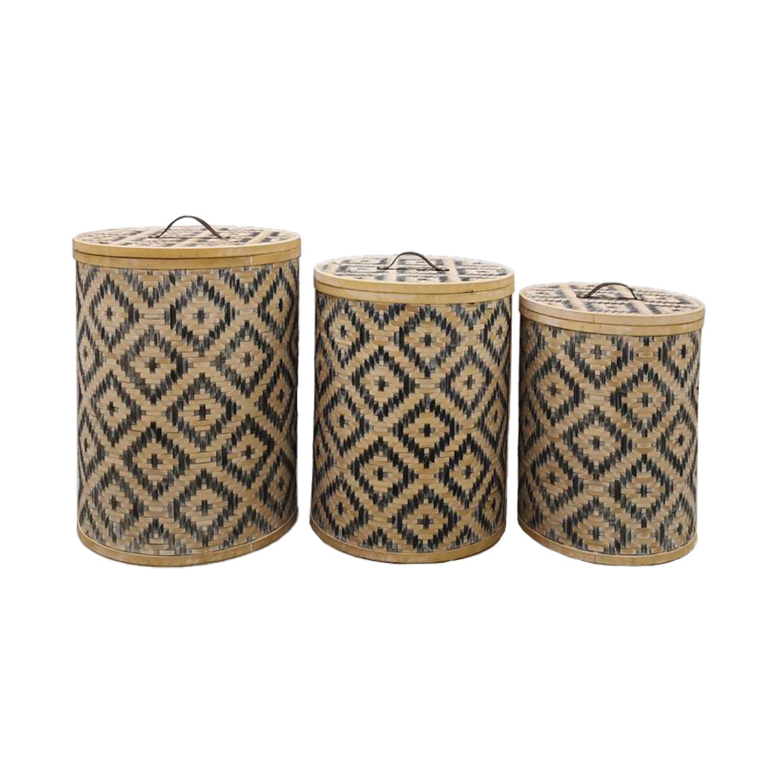 NUBIA BASKET WITH LID SET 3PCS 47x47x62 BAMBOO NATURAL BLACK LEATHER
