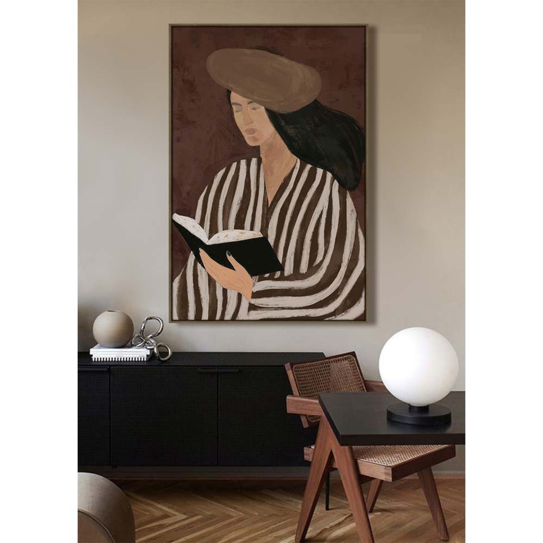 LITERARY CALM PAINTING DECORATIVE WITH FRAME 80x120x4 CANVAS BROWN PP