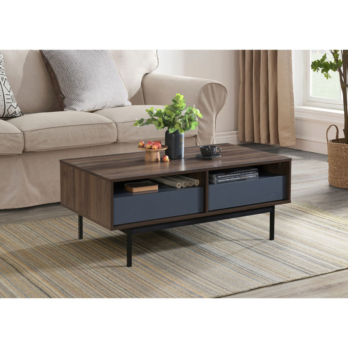 GROOVES COFFEE TABLE 2DRAWERS CHIPBOARD WITH MELAMINE CARTA WALNUT GREY METAL 110x60xH45cm MY