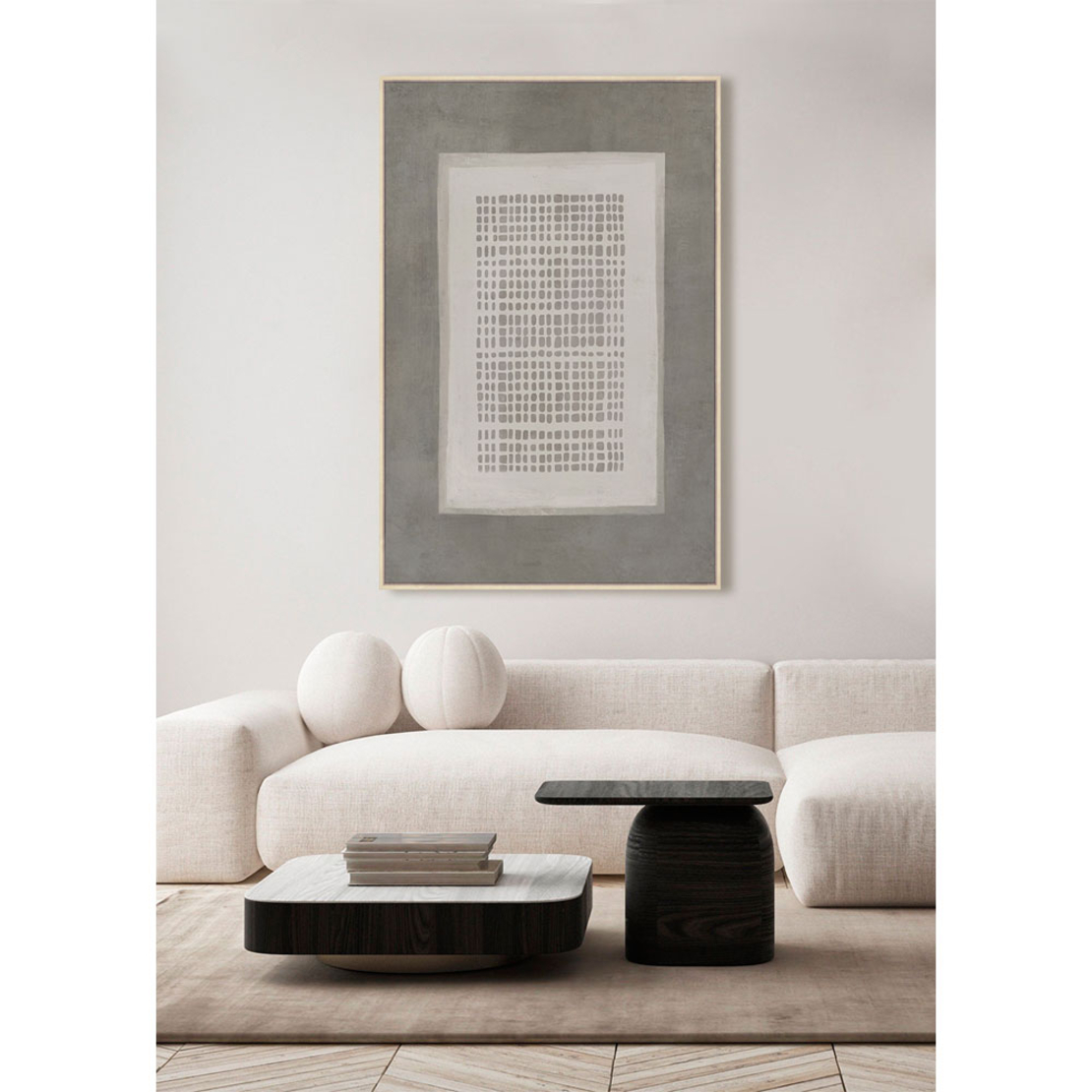 COSMIC GRID PAINTING DECORATIVE WITH FRAME 80x120x4 CANVAS GREY DARK BEIGE WOOD