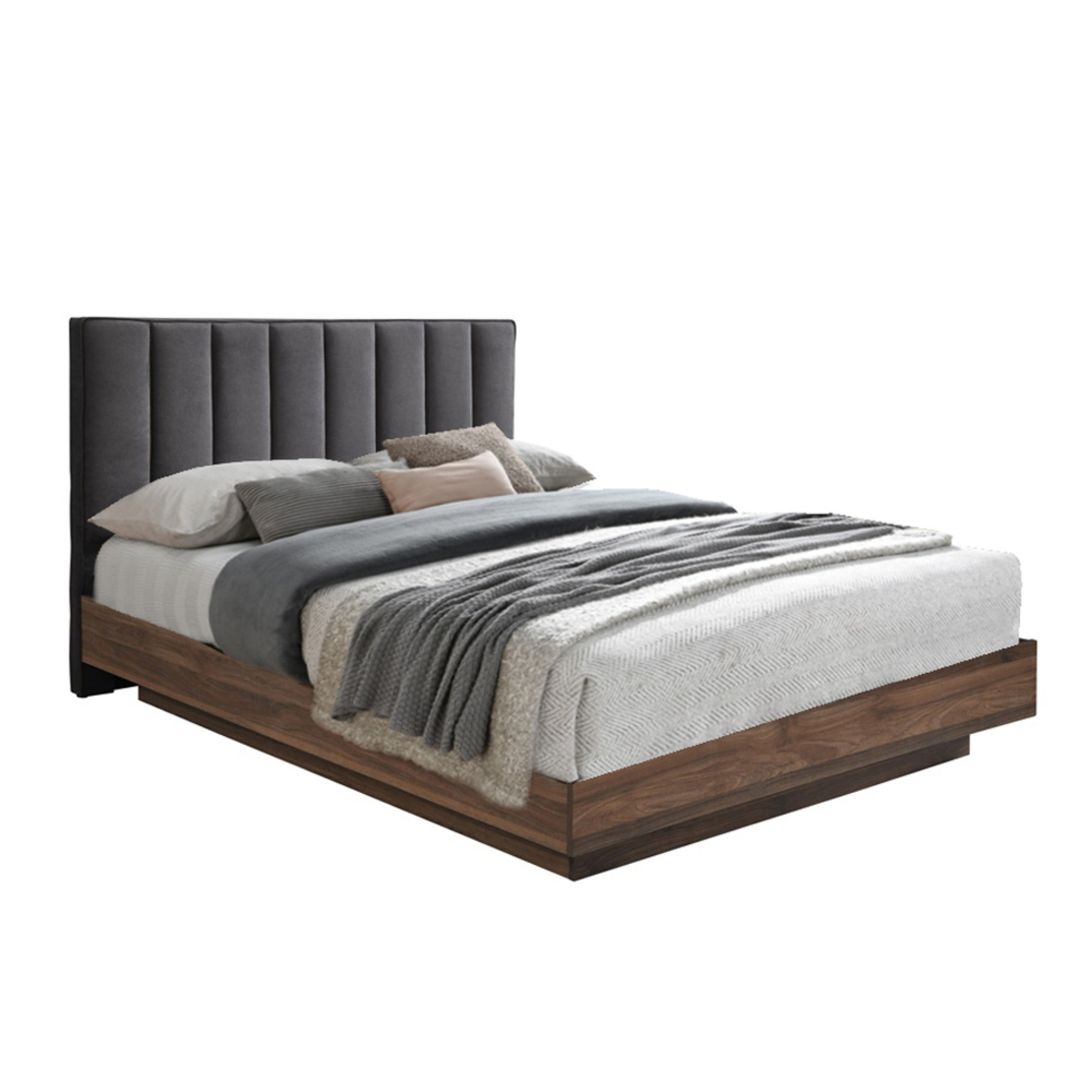 BOXY BED (FOR MATTRESS 160x200cm) FABRIC GREY DARK CHIPBOARD WITH MELAMINE WALNUT E1 MY