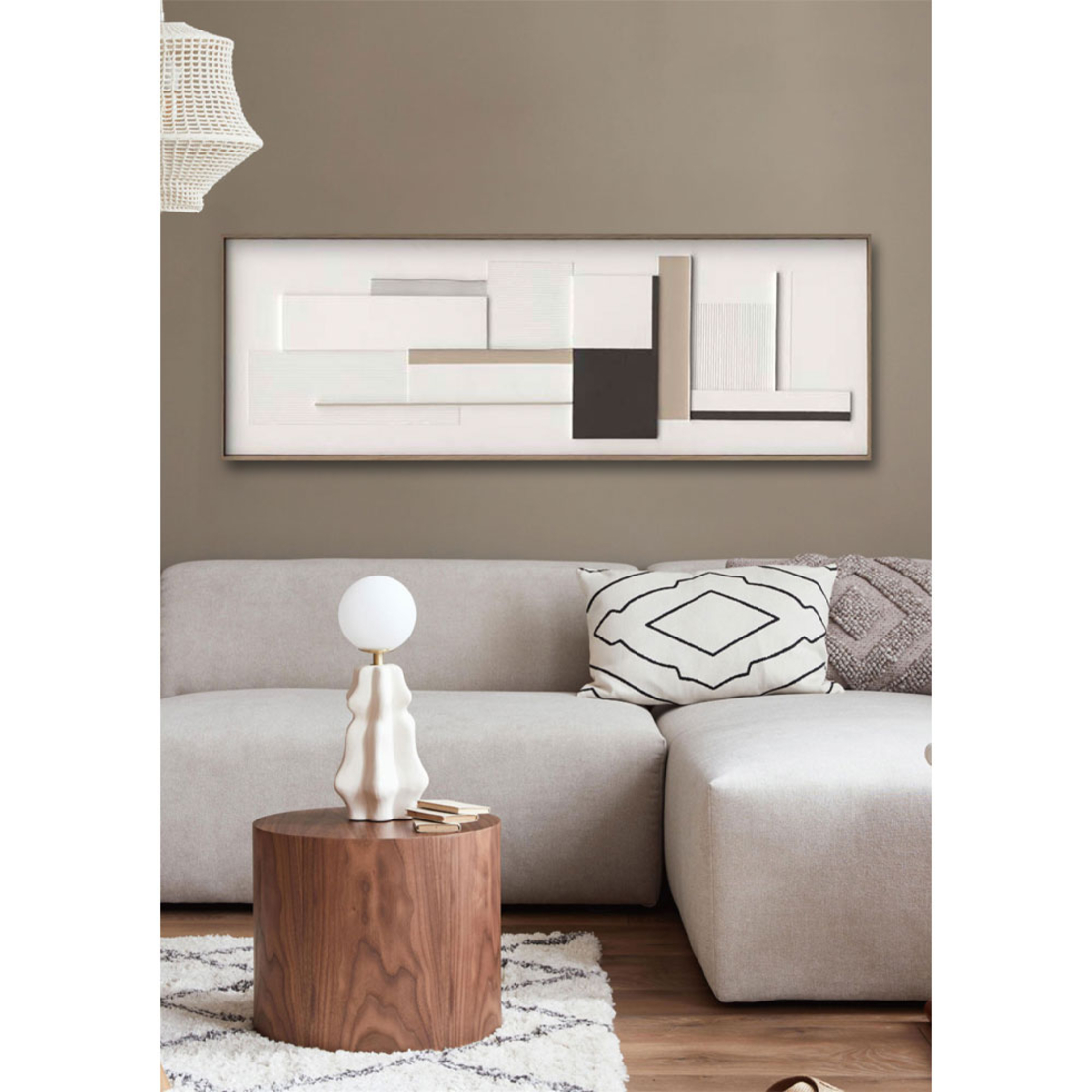 PORTER PAINTING DECORATIVE 50x150x5 CANVAS WHITE BEIGE BLACK WOOD NATURAL