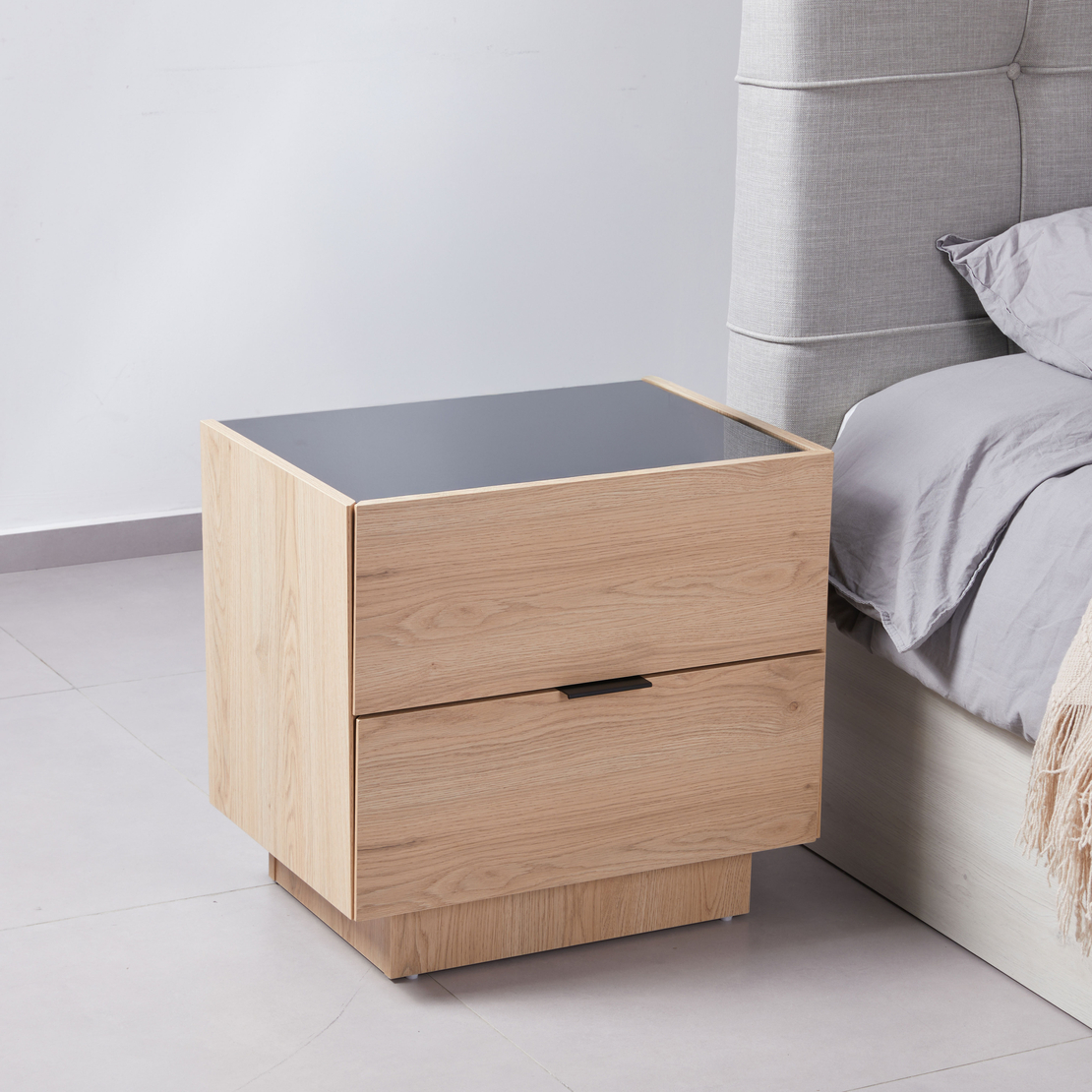 CUBIUS NIGHTSTAND 2DRAWERS MELAMINE NATURAL MELAMINE SMOKE BLACK E1