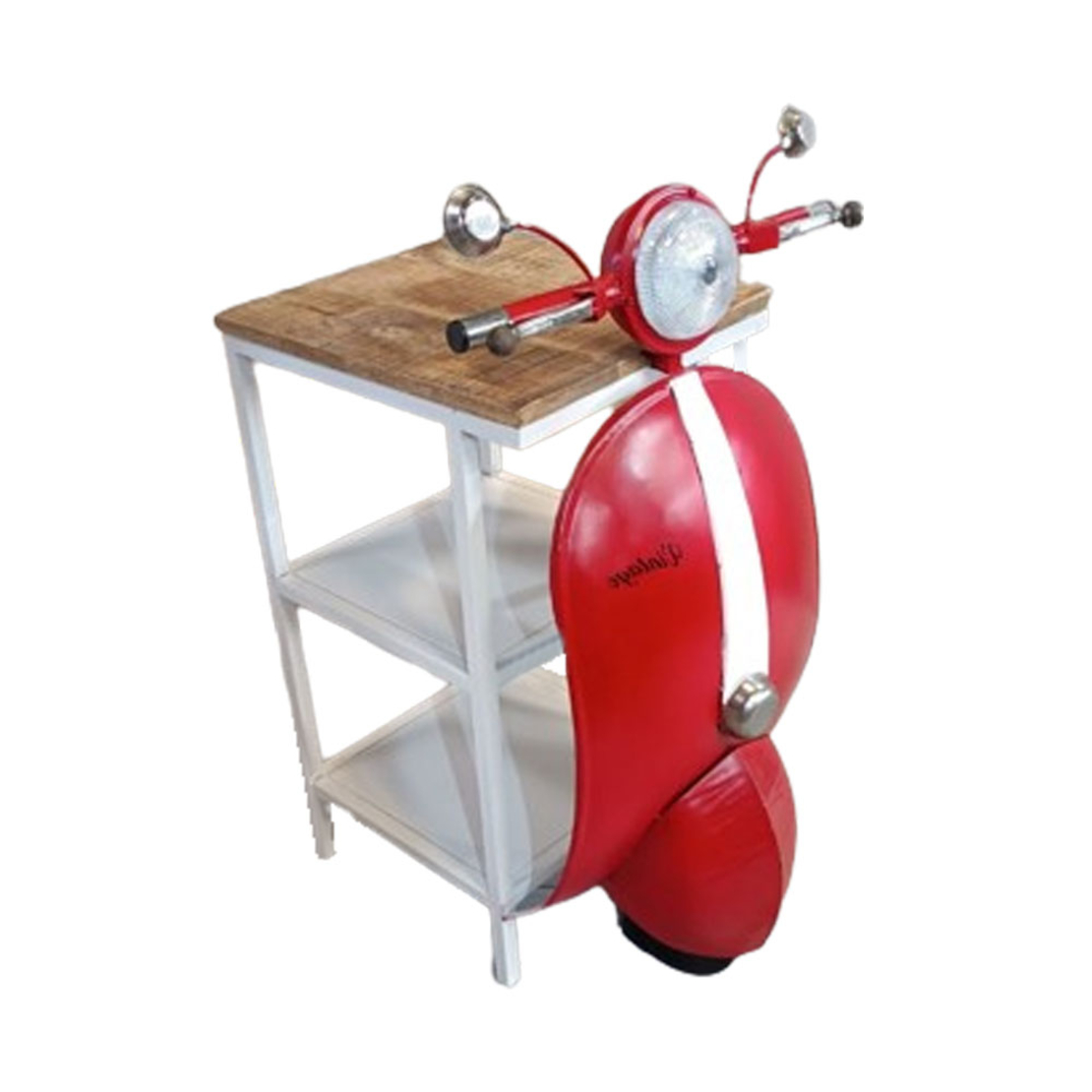 MINI VESPA SIDE TABLE WITH SHELVES METAL RED WHITE NATURAL 61x45xH88cm IN