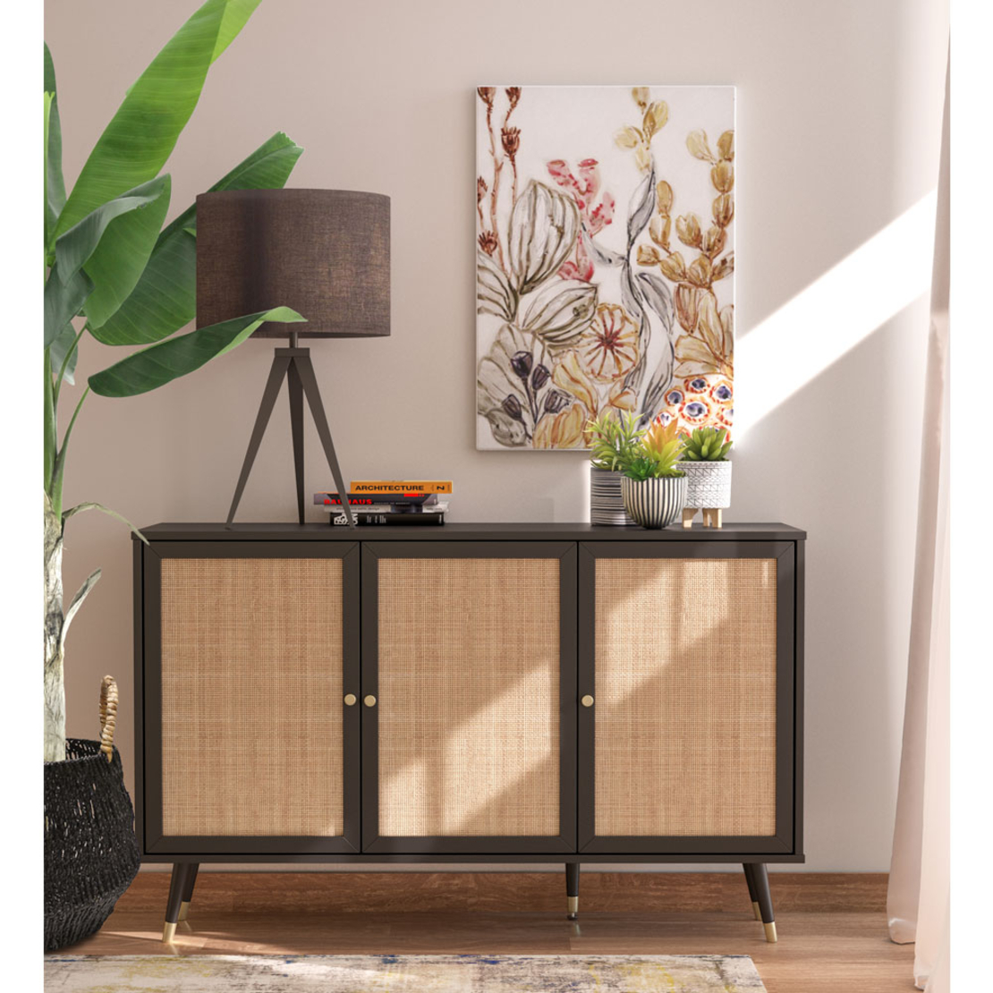 VIENNA SIDEBOARD CHIPBOARD WITH MELAMINE BLACK WITH RATTAN GOLD 120x39xH75,5cm E1 PRC