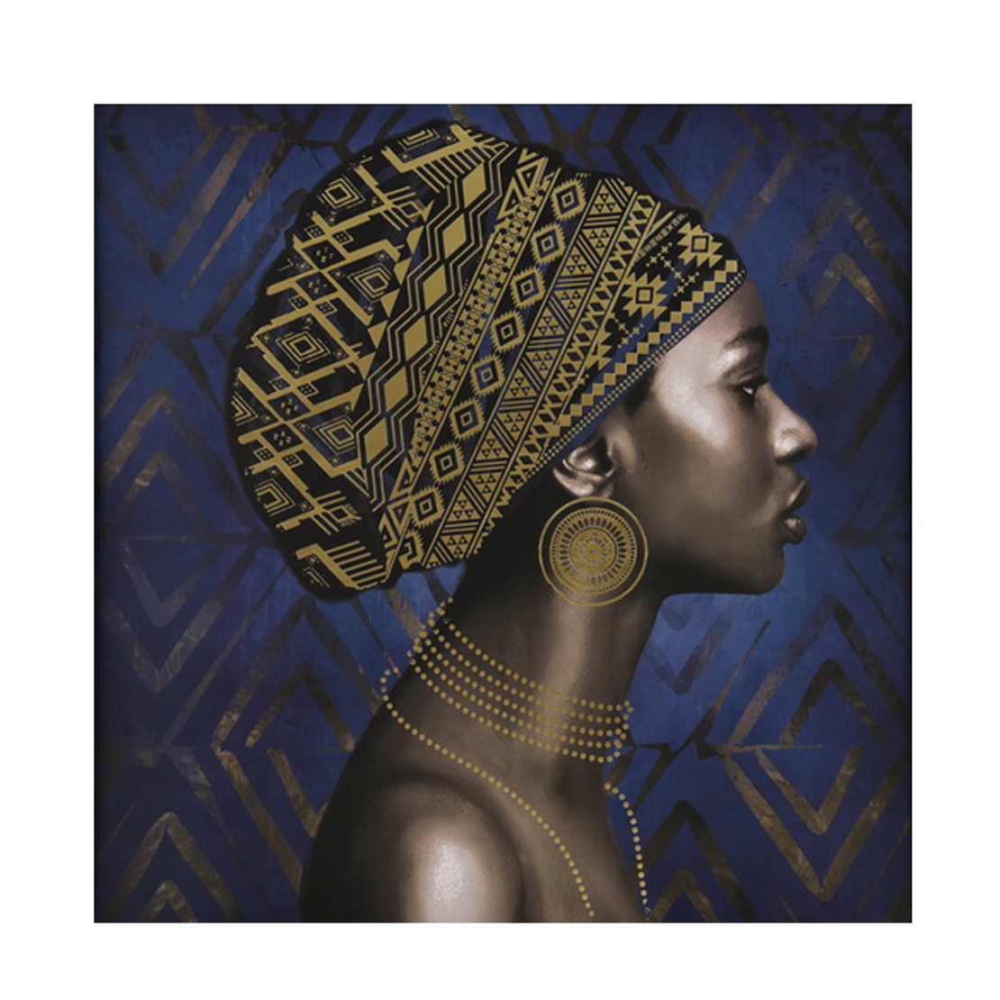 AFRICAN LADY PAINTING CANVAS BLUE GOLD WOOD 80x80x