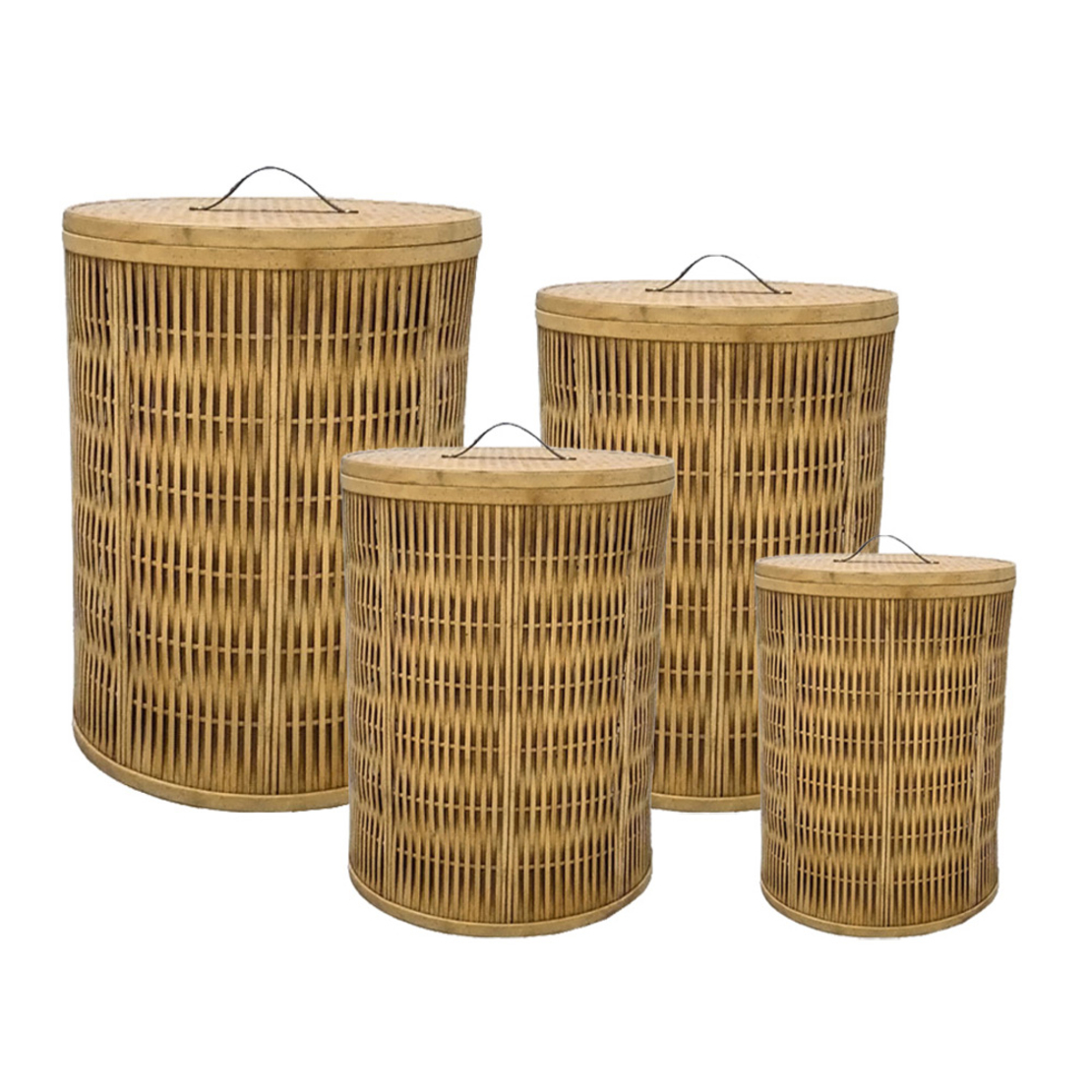RIBBONS BASKET WITH LID SET 4PCS 47x47x62 FIR WOOD NATURAL LEATHER