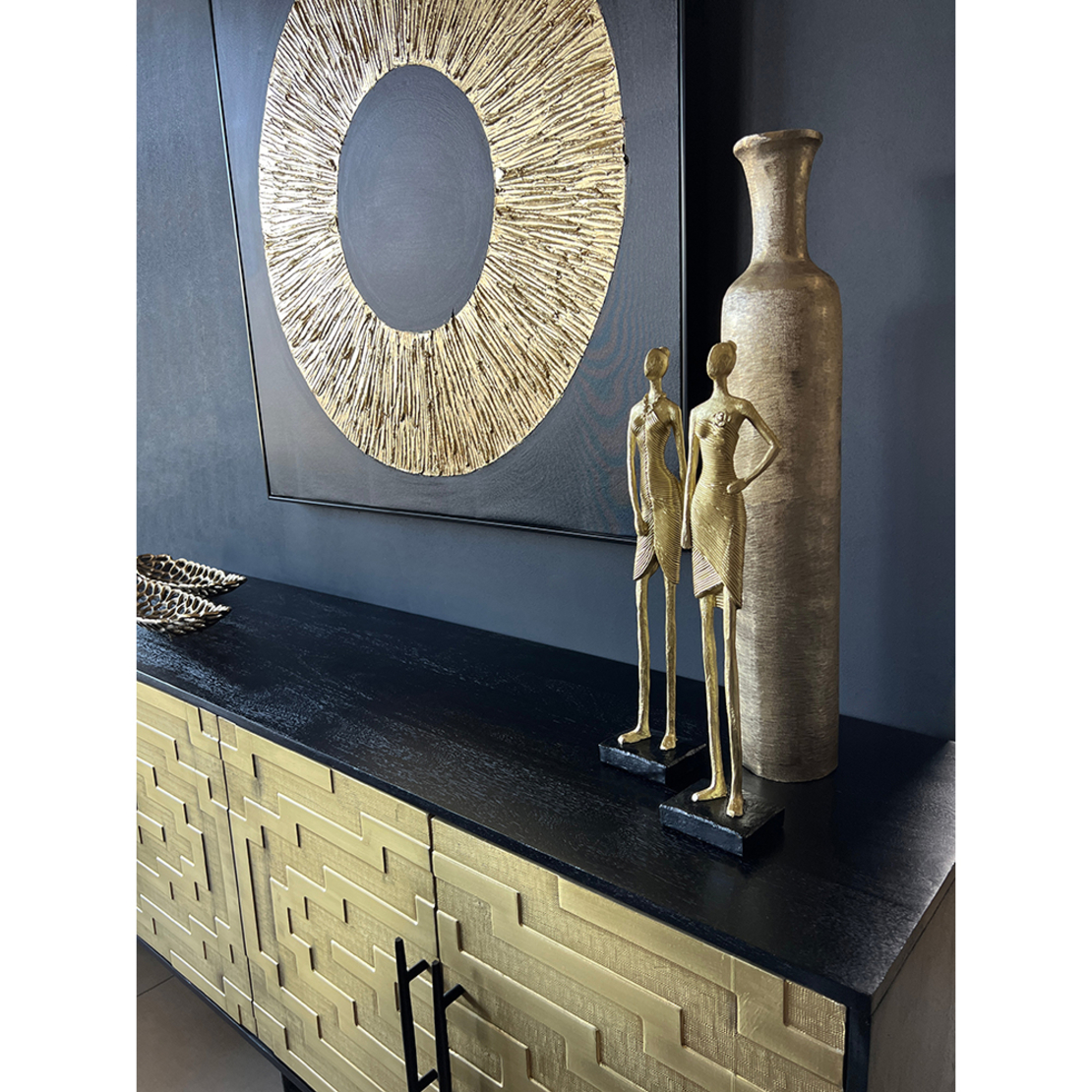 CICLE PAINTING CANVAS BLACK GOLD WOOD 100x100xH4,5