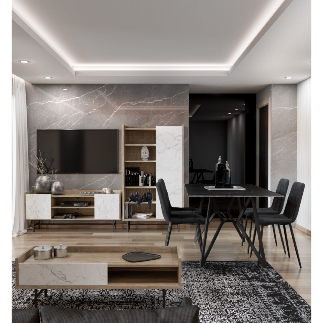 STOCKHOLM BOOKCASE CHIPBOARD WITH MELAMINE CARTA SONOMA DECAPE WHITE WITH MARBLE PATTERN 90x39,5xH160cm E1 PRC
