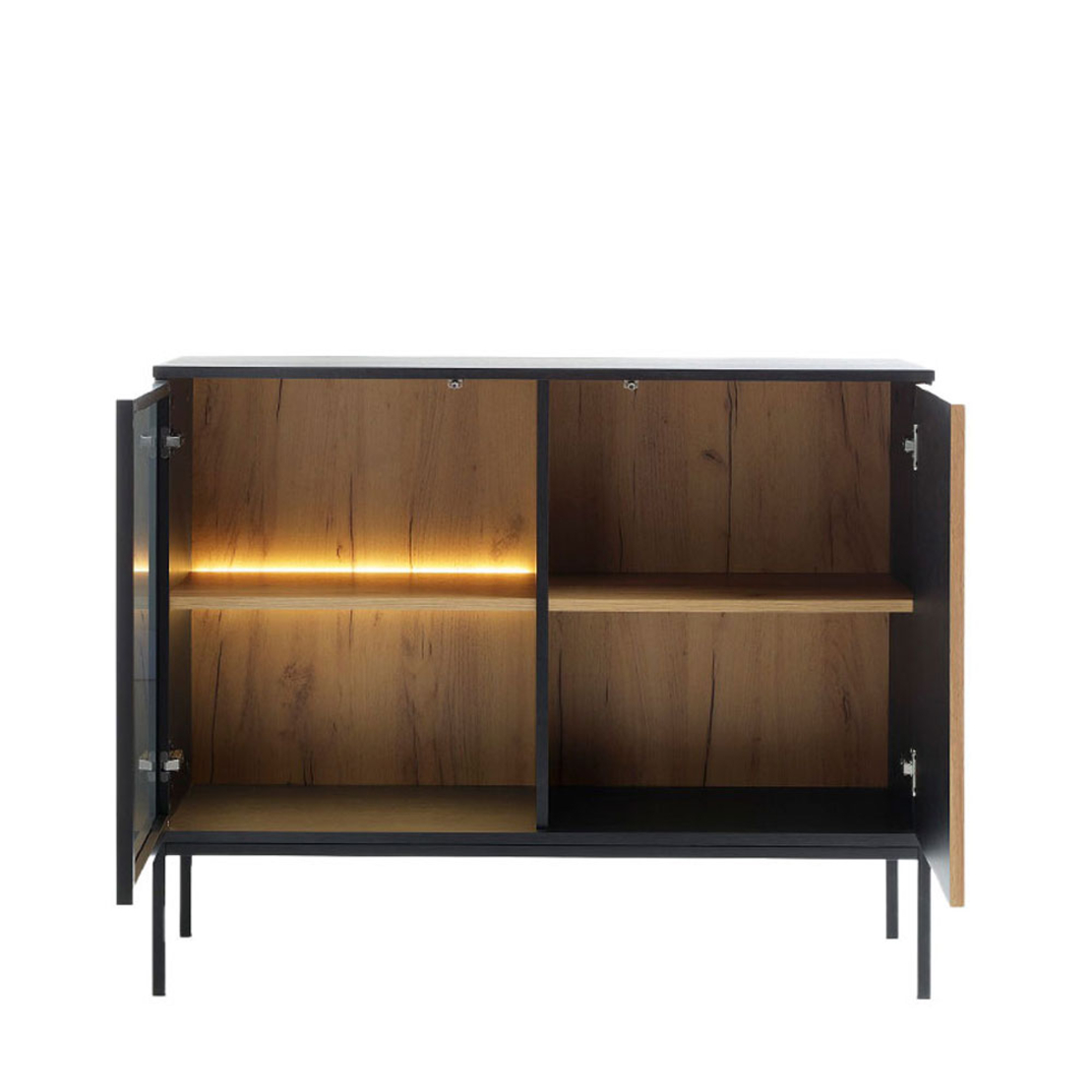 MYSTERY COMMODE 2DOORS MELAMINE NATURAL DARK METAL BLACK E1 PRC