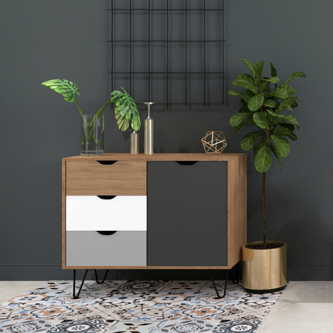 ARTIC COMMODE CHIPBOARD WITH MELAMINE CARTA SONOMA METAL GREY WHITE BLACK E1 PRC