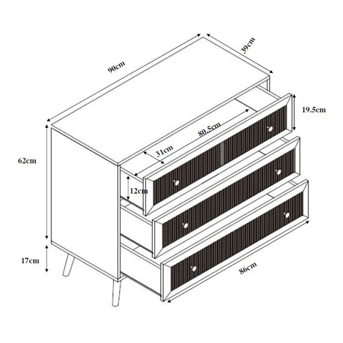 AMMOS COMMODE 3DRAWERS CHIPBOARD WITH MELAMINE CARTA NATURAL WITH RATTAN E1 PRC