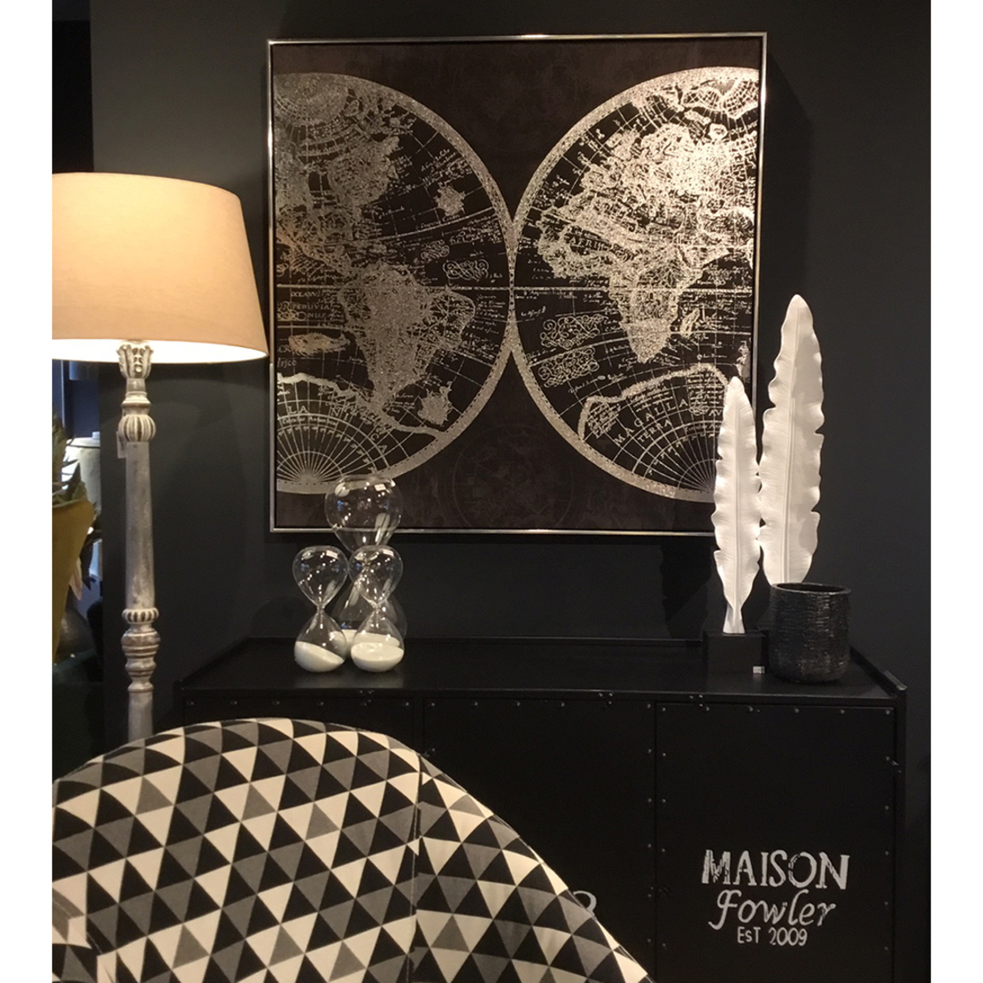 MAP PAINTING CANVAS BLACK SILVER WOOD 100x100xH4,5