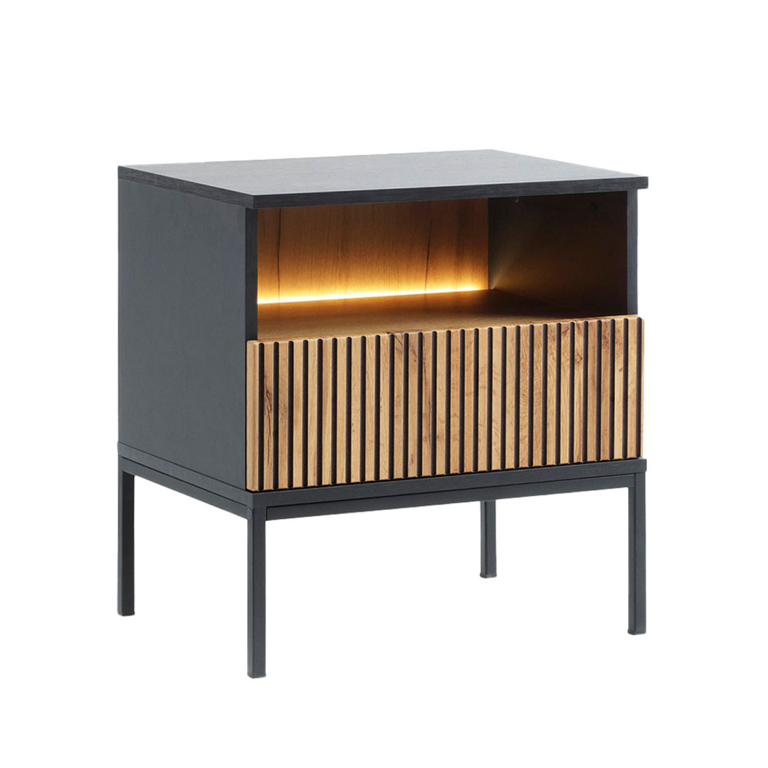 MYSTERY NIGHTSTAND 1DRAWER 1SHELF MELAMINE NATURAL DARK METAL BLACK E1 PRC