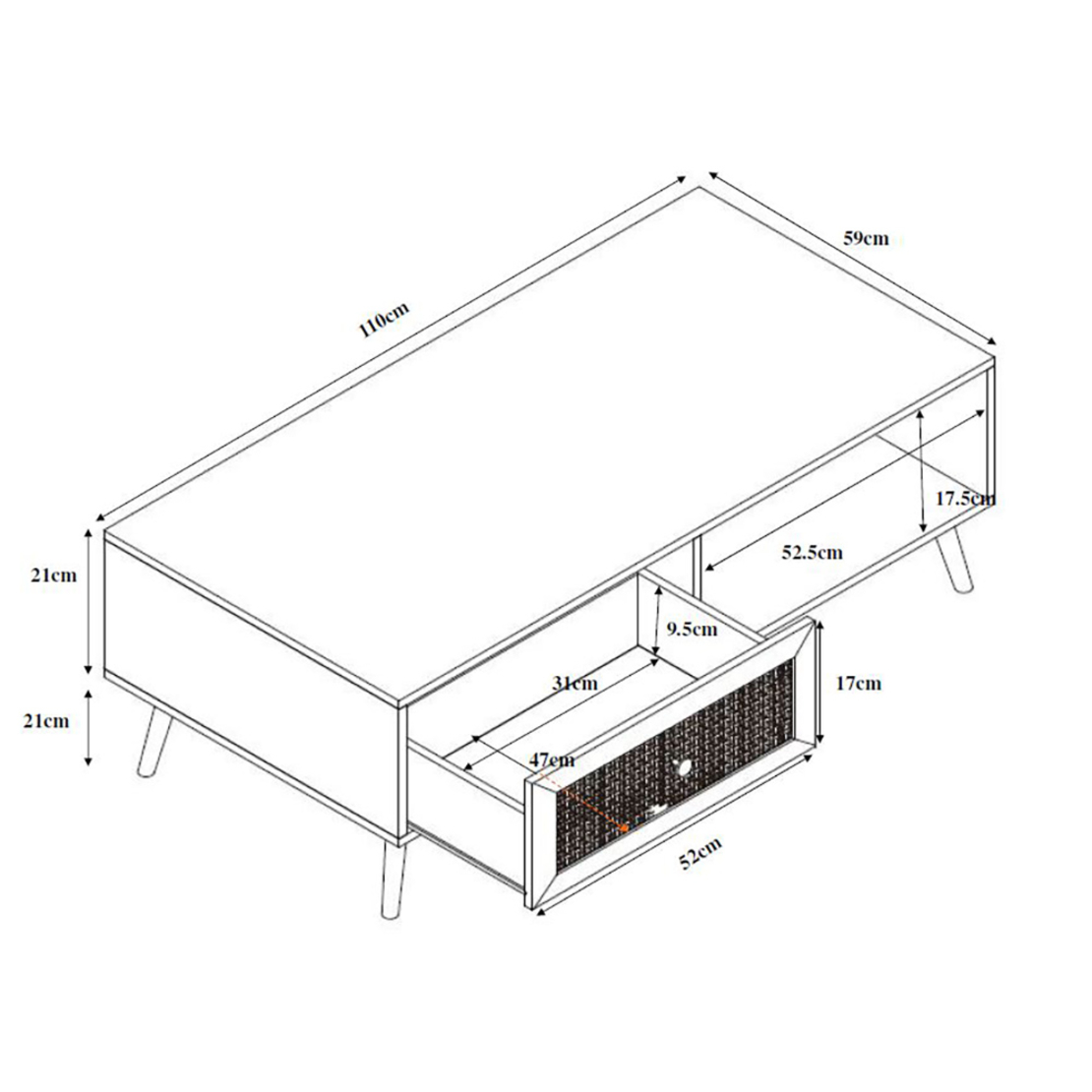 AMMOS COFFEE TABLE 1DRAWER CHIPBOARD WITH MELAMINE CARTA NATURAL WITH RATTAN 110x59xH41,4cm E1 PRC