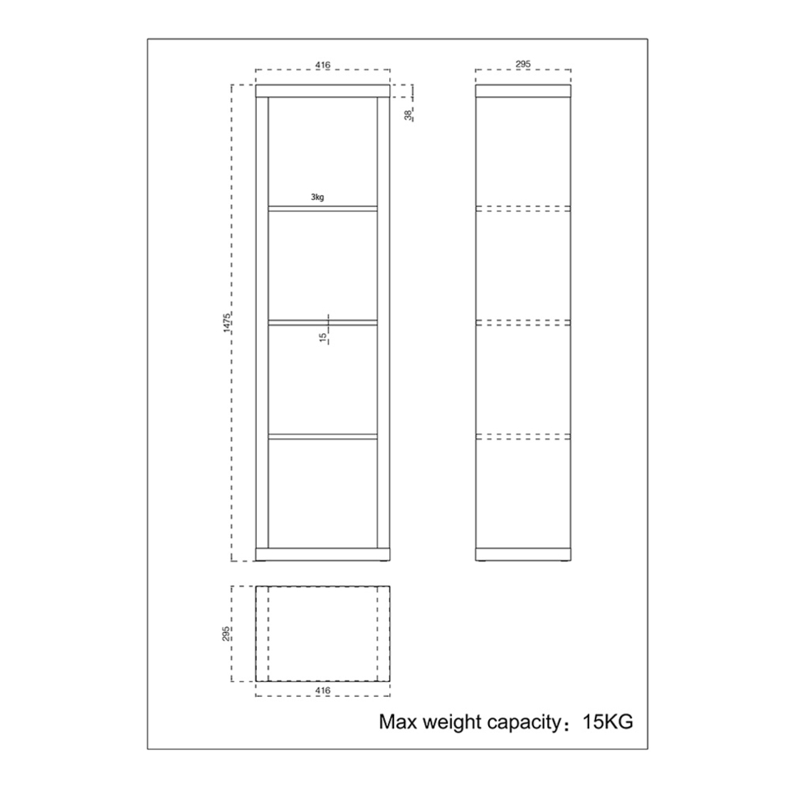 KIVOS 41,6 BOOKCASE HONEYCOMB BLACK 41,6x29,5xH147,5cm E1 PRC